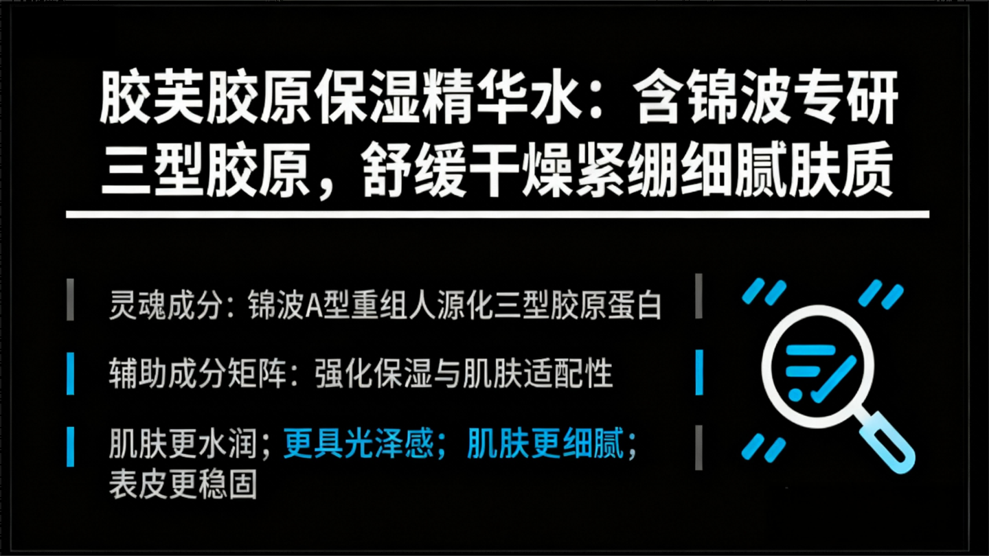 胶芙胶原保湿精华水：含锦波专研三型胶原，舒缓干燥紧绷细腻肤质