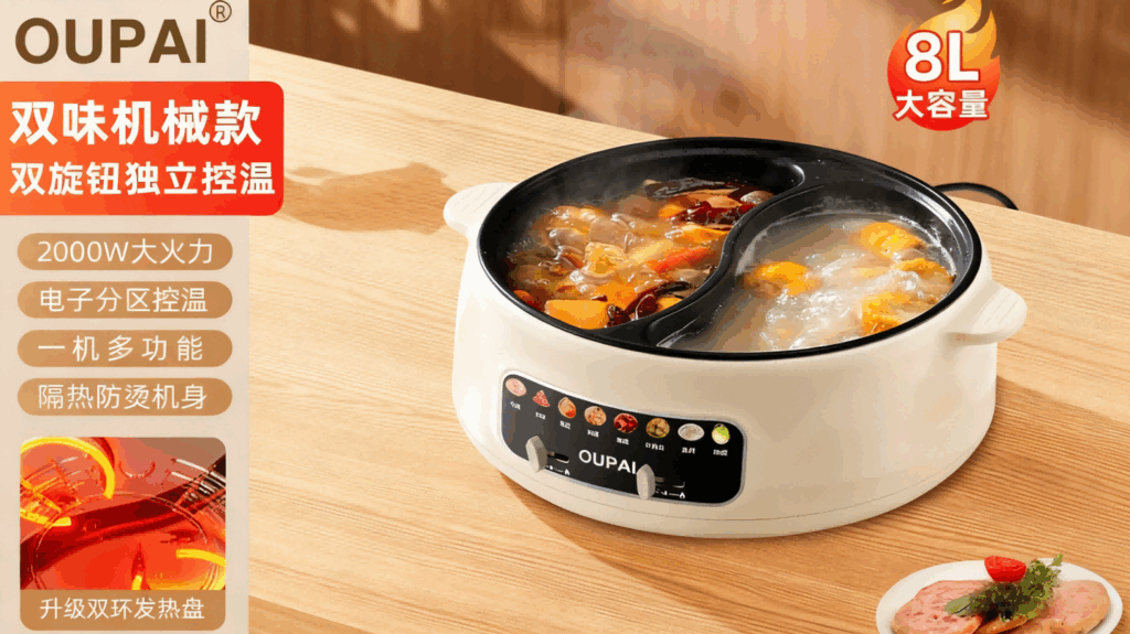 DHG-001 OUPAI多功能电煮锅，2000W大火力9档调节不粘电火锅，10L大容量鸳鸯锅插图1